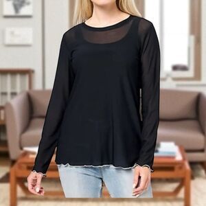 LOGO Layers by Lori Goldstein Mesh Crew Neck Top Black Medium